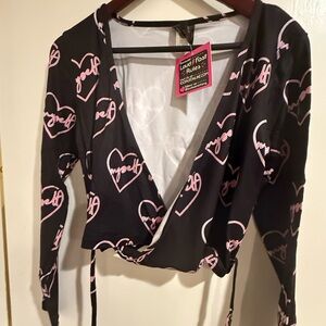 Too Fast clothing Black and Pink Wrap Crop Top Heart Love Myself NWT